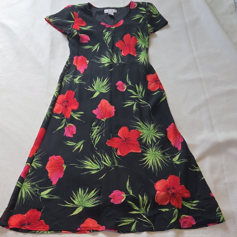 Vintage Womens Dressbarn Black Maxi Dress Red Floral Print Size 14